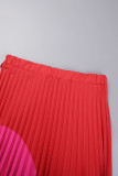 Rosa rojo elegante bloque de color patchwork con cinturón plisado corte de bota cintura alta tipo A pantalones de patchwork