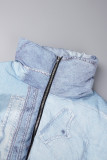 Blaue, lässige, solide Patchwork-Oberbekleidung mit Reißverschluss und O-Ausschnitt