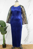 Красочное синее элегантное однотонное платье с блестками в стиле пэчворк на молнии с круглым вырезом, длинное платье, платья больших размеров