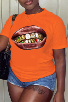 T-shirt con scollo O Patchwork stampate con labbra casual arancioni