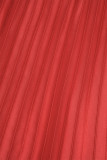 Patchwork sólido elegante vermelho com cinto plissado com decote em V Vestidos longos (cinto incluído)