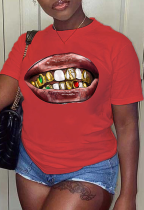 Camisetas con cuello en O de patchwork estampado de labios callejeros casuales rojos