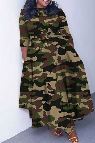 Exército Verde Casual Simplicidade Diária Camuflagem Estampada Com Cinto Impressão Vestidos Maxi