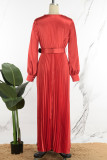 Red Elegant Solid Patchwork With Belt Pleated V Neck Long Dress Dresses（Belt Included）