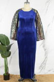 Colorido azul elegante sólido lantejoulas retalhos zíper o pescoço vestido longo vestidos plus size
