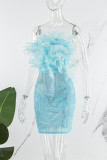 Bebê azul sexy festa elegante formal retalhos transparente penas broca quente sem alças vestido de noite vestidos