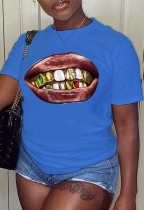 Königsblaue, lässige Street Lips bedruckte Patchwork-T-Shirts mit O-Ausschnitt