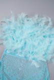 Bébé bleu Sexy fête élégante formelle Patchwork transparent plumes perceuse chaude sans bretelles robe de soirée robes