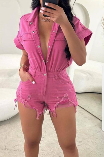 Rose Red Sexy Solid Ripped Patchwork Buckle Turndown Collar Regular Rompers