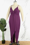 Púrpura Elegante Patchwork Sólido Correa De Espagueti Falda De Un Paso Vestidos De Talla Grande