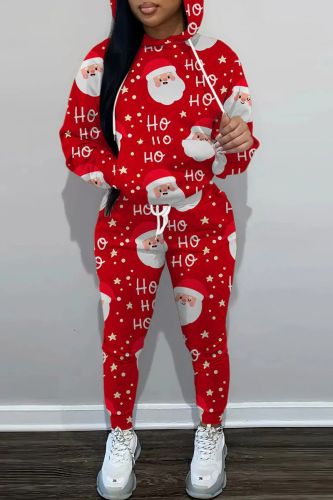 Red Sportwear Casual Christmas Print Hooded Collar Long Sleeve Sweatshirt And Draw String Pants Two Pieces Sweatsuit Sets