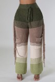 Чернильно-зеленые повседневные лоскутные брюки с кисточками и контрастом, обычные лоскутные брюки с высокой талией