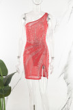 Красное сексуальное лоскутное платье без рукавов с разрезом на спине и косым воротником