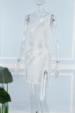 Белое сексуальное лоскутное платье без рукавов с разрезом на спине и косым воротником