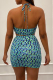 Blue Sexy Print Bandage Patchwork Halter Sleeveless Two Pieces