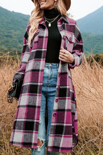 Rose Red Casual Plaid Patchwork Pocket Buckle Turndown Collar Outerwear