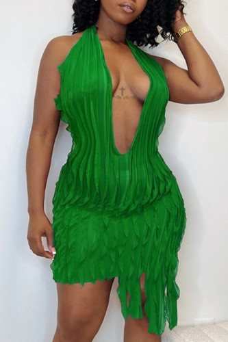 Green Sexy Solid Backless Halter Sleeveless Dress Dresses