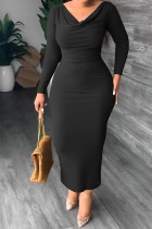 Schwarzes, elegantes, solides Patchwork-Kleid mit V-Ausschnitt und langem Kleid in Übergröße