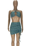 Blue Sexy Print Bandage Patchwork Halter Sleeveless Two Pieces