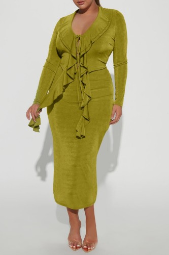 Green Yellow Casual Solid Frenulum V Neck Long Sleeve Two Pieces