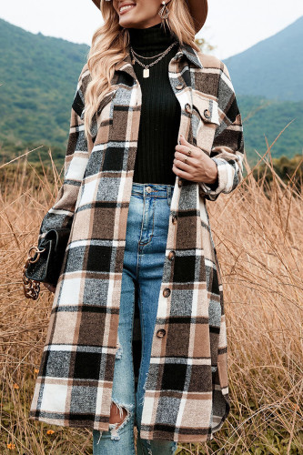 Khaki Casual Plaid Patchwork Pocket Buckle Turndown Collar Outerwear