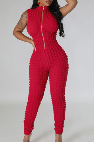 Red Casual Solid Patchwork Zipper O Neck Skinny Jumpsuits