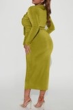 Green Yellow Casual Solid Frenulum V Neck Long Sleeve Two Pieces