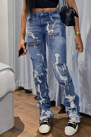 Blue Fashion Casual Splash-ink Print High Waist Regular Ripped Denim Jeans