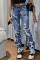 Blauwe mode casual print gescheurde normale denim jeans met hoge taille