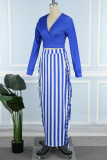 Blue Casual Striped Frenulum V Neck Long Sleeve Two Pieces