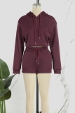 Burgundy Casual Solid Basic Hooded Collar Long Sleeve Two Pieces