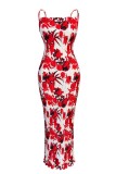 Red Casual Print Backless Spaghetti Strap Long Dress Dresses