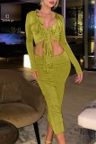 Green Yellow Casual Solid Frenulum V Neck Long Sleeve Two Pieces