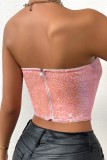 Roze sexy patchwork pailletten backless strapless tops