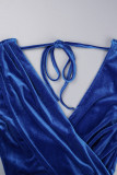 Blå Casual Solid Frenulum Backless V-hals långärmade klänningar