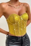 Yellow Sexy Patchwork Sequins Backless Strapless Tops