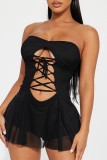 Black Sexy Casual Solid Hollowed Out Frenulum Backless Strapless Skinny Romper