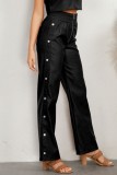 Calça preta casual sólida patchwork com fenda regular cintura alta convencional cor sólida