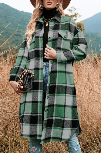 Green Casual Plaid Patchwork Pocket Buckle Turndown Collar Outerwear
