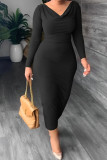 Vestido longo preto elegante sólido patchwork com decote em V Vestidos plus size