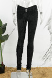 Schwarze, lässige, einfarbige, schmale Patchwork-Hose mit mittlerer Taille und herkömmlicher Patchwork-Hose