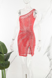 Rode sexy patchwork hete boren rugloze split schuine kraag mouwloze jurk jurken