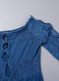 Donkerblauwe sexy effen uitgeholde patchwork doorschijnende off-shoulder skinny jumpsuits