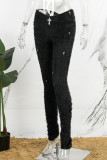 Черные повседневные однотонные лоскутные узкие брюки в стиле пэчворк со средней талией