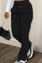 Zwarte casual effen patchwork zak met trekkoord, rechte taille, rechte effen kleur broek