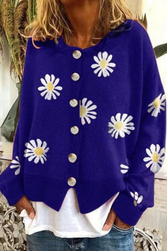 Deep Blue Casual Embroidery Flower Print O Neck Long Sleeve Buttons Knitted Sweater Jackets