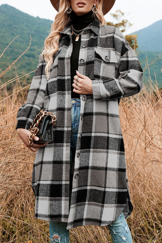 Grey Casual Plaid Patchwork Pocket Buckle Turndown Collar Outerwear