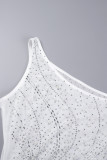Weiße sexy Patchwork-Kleider mit heißem Bohren, rückenfrei, Schlitz, schrägem Kragen, ärmellos