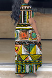 Fuchsia Casual Print Basic Langes Kleid mit V-Ausschnitt