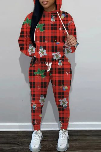 Dark Red Sportwear Casual Christmas Print Hooded Collar Long Sleeve Sweatshirt And Draw String Pants Two Pieces Sweatsuit Sets